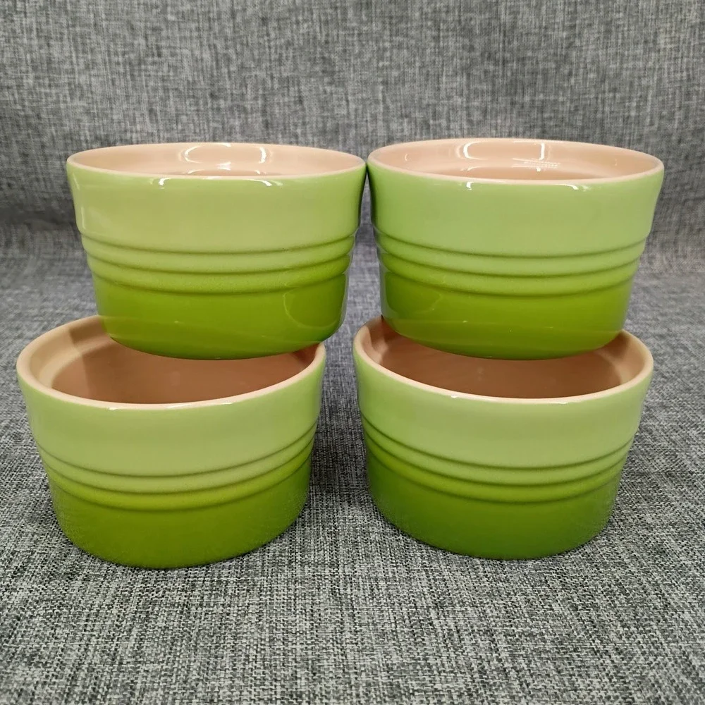 NOS 4 New Le Creuset Ramekins Ombre Kiwi 7 oz. Green Stackable Stoneware Serving